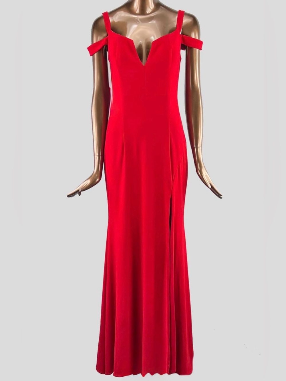 Off-Shoulder Red Evening Gown with Thigh Slit